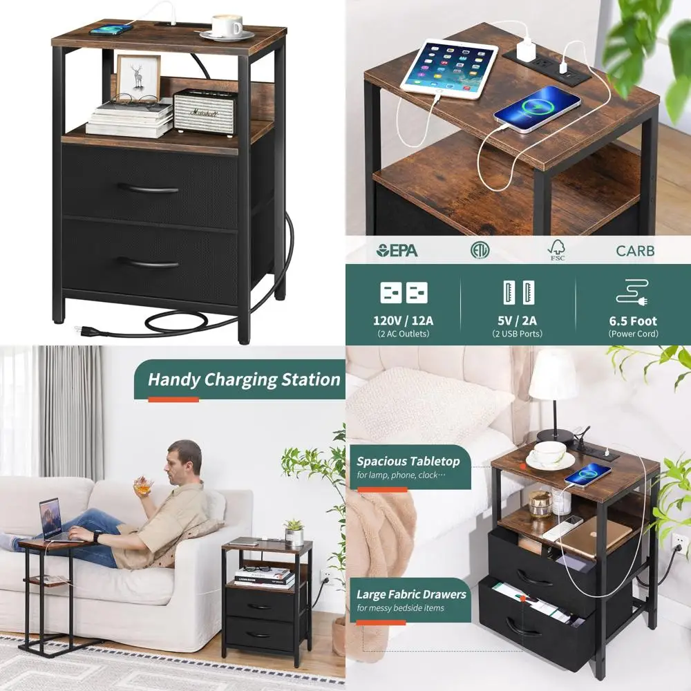 

fabric-drawer nightstand with charging station and storage shelf for bedrooms