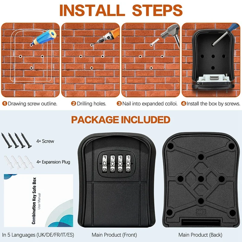 Caja de llaves montada en la pared, Mini caja fuerte para llaves al aire libre con código numérico reiniciable de 4 dígitos, impermeable