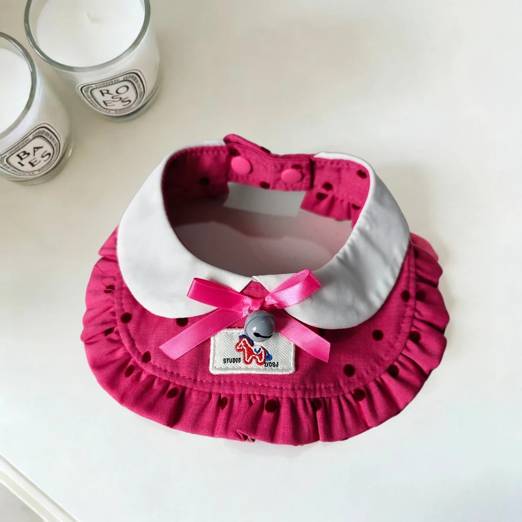 Polka Dot Pet Bib White Doll Collar Ruffle Satin Bow Bell Horse Label Snap Fastener Daily Wear Birthday Party Photo Costume Gift