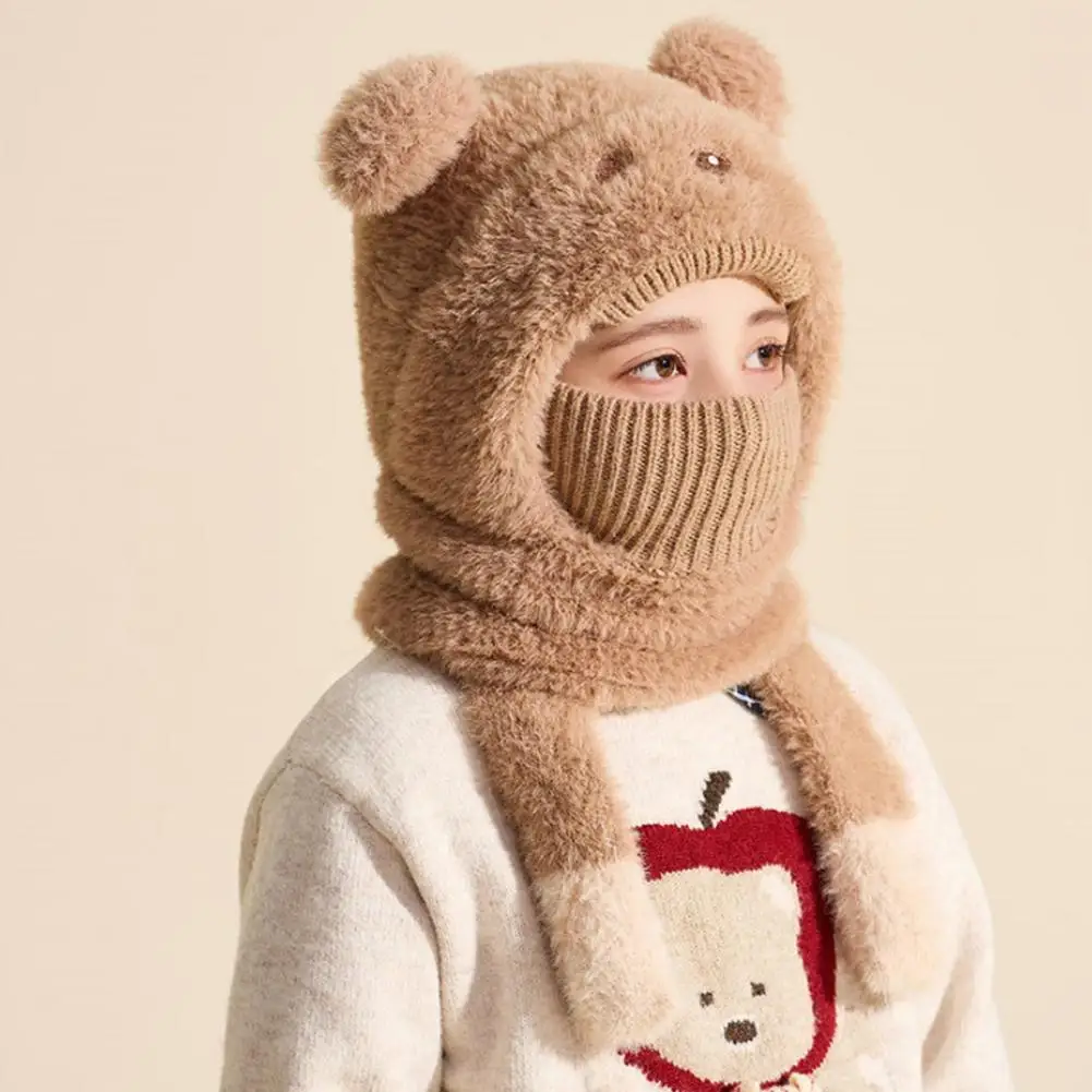 Wool Knit Hat Warm Windproof Kids Bear Hat with Face Guard Plush Lining for Autumn Winter Outdoor Wear Vertical Knit Hat
