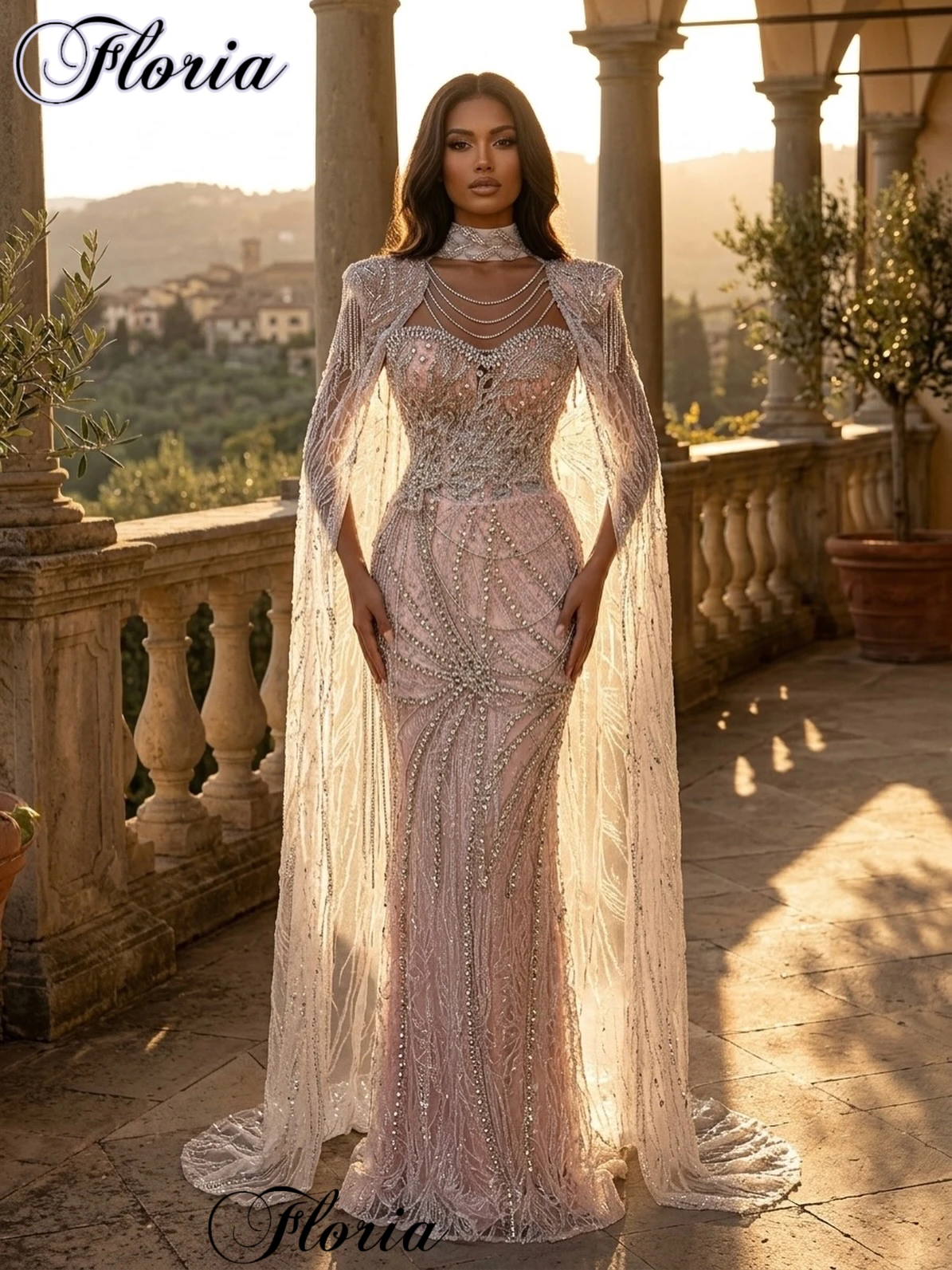 

Light Pink Crystals Celebrity Dresses With Cape Sleeves Sweetheart Prom Dresses Mermaid Evening Gown Vestidos De Gala Customized