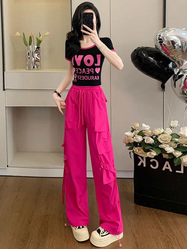 

Summer Cool Spicy Casual Sports Set Women's Slim Fit Short Sleeve T-Shirt And Red Workwear Pants Two Piece Set Comfortable Co...