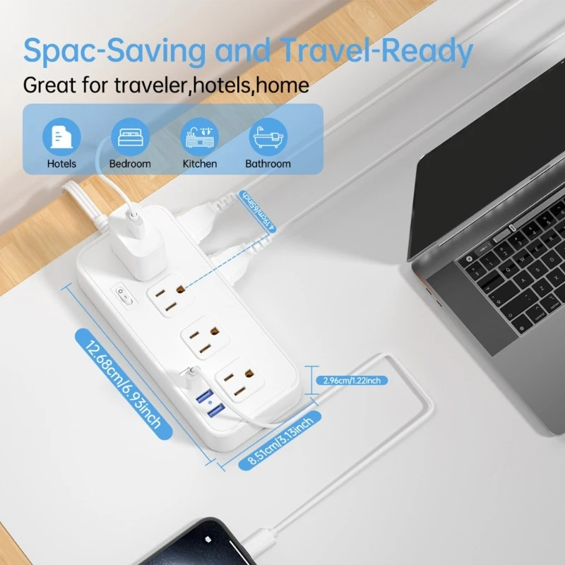 Multiple Outlet Power Strips 2Prong Flat Plug 5ft Extension Cord 8 Outlets 2 USB 2 Type C Port 2000J Surges Protections