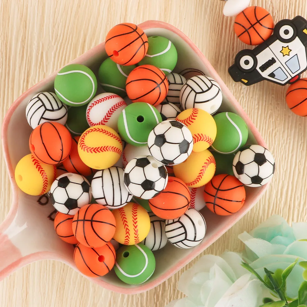 10Pc Printed Silicone Beads Round 15MM Soccer Baseball Tennis Basketball Sport Silicone Printed Bead DIY Accessories