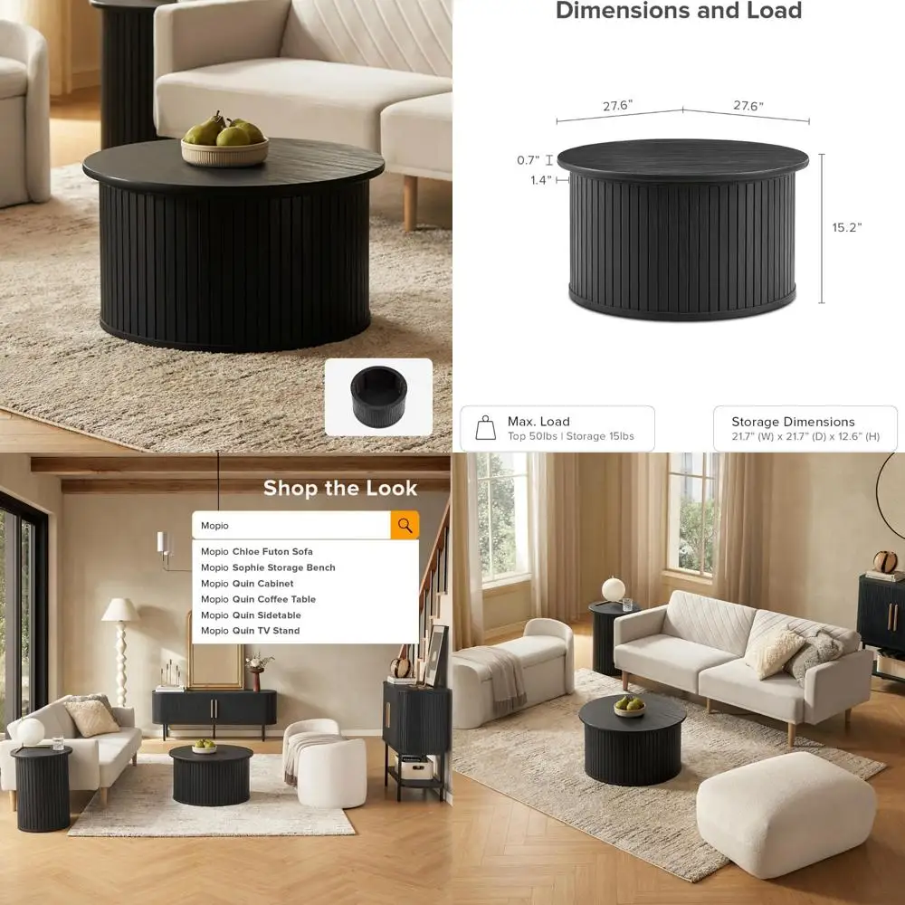 

Круглый журнальный столик с местом для хранения вещей, современный стиль середины века, деревянный рифленый центр, акцентный барабанный столик