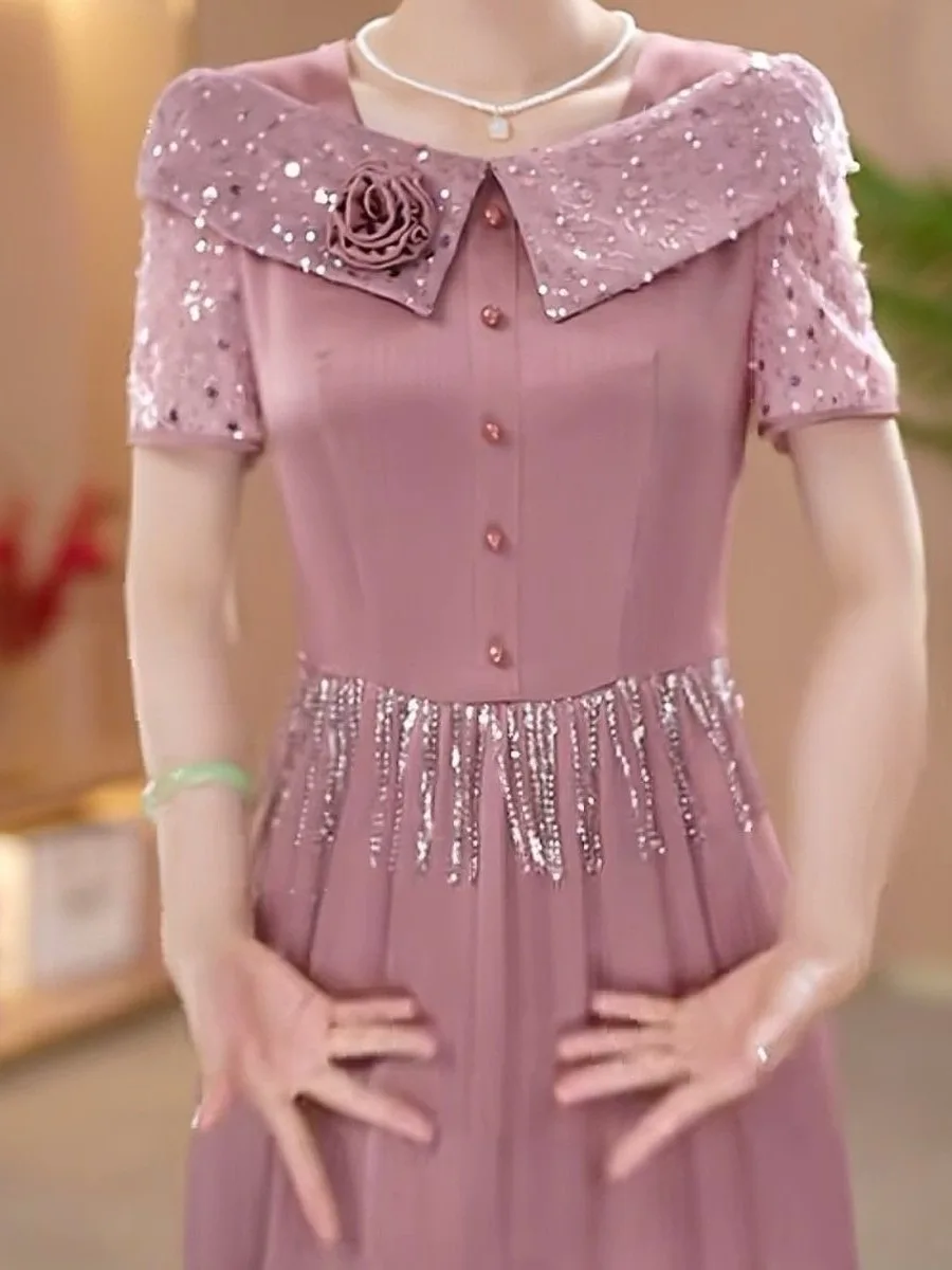 エレガントなハイウエスト A ラインドレス光沢のあるサテン刺繍花装飾痩身ミディスカートファッショナブルな夏の新着