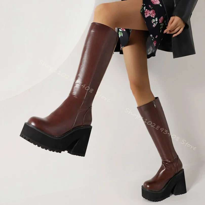 Brown Round Toe Platform Boots Side Zipper Chunky High Heels Solid Women Autumn Big Size Knight Boots 2023 Zapatos Para Mujere