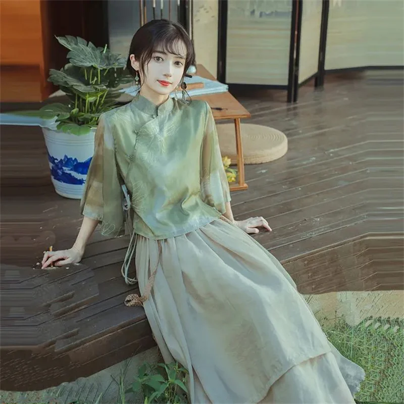 Summer Femme Chiffon Long Skirt 2PCS Spring Women Fashion Improved Cheongsam Skirt Suit Europe Ladies Stand Collar Two-piece Set