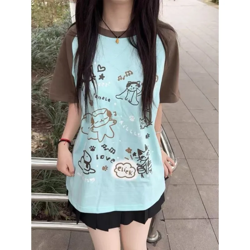 2025 Ropa Mujer Summer Tshirts for Women V-neck Short Sleeve Tunic Camisetas Pink Print Tees Crop Tops Casual Chic Y2k T-shirt