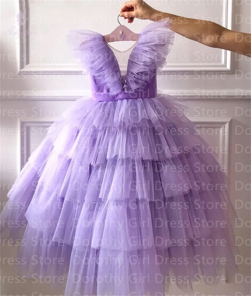 Layered Mesh Light Purple Girl Party Beauty Pageant Dress For Wedding Birthday Prom Party First Communion Customization