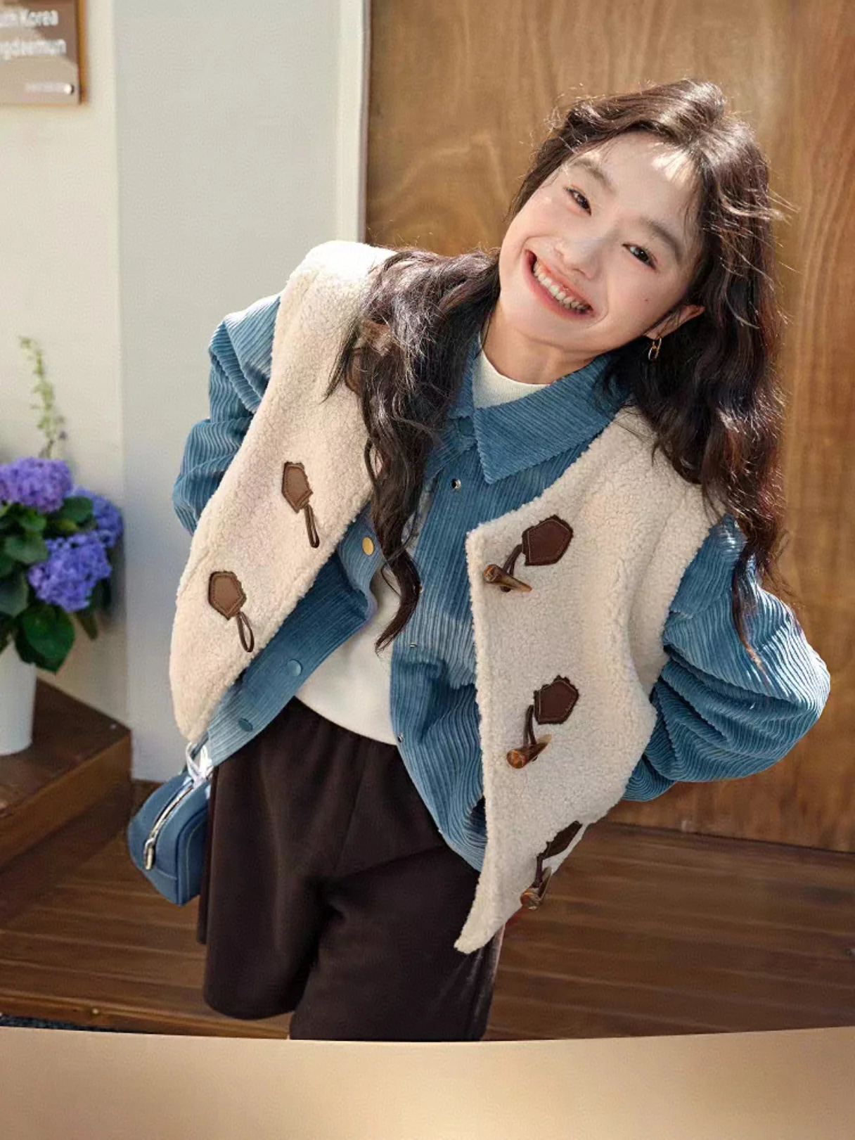 

Women's irt Sle Cotton Jaet Lamb Fur Vest Two-Piece Set Autumn Winter New Faion Long Sve Collar Single Button