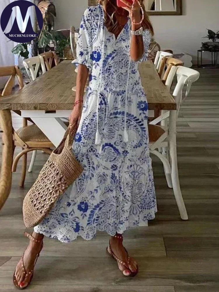 Summer White Casual Print Dress V-neck Butterfly Sleeve Mid-Length Elegant Loose Women's Fashion Elegant Dress