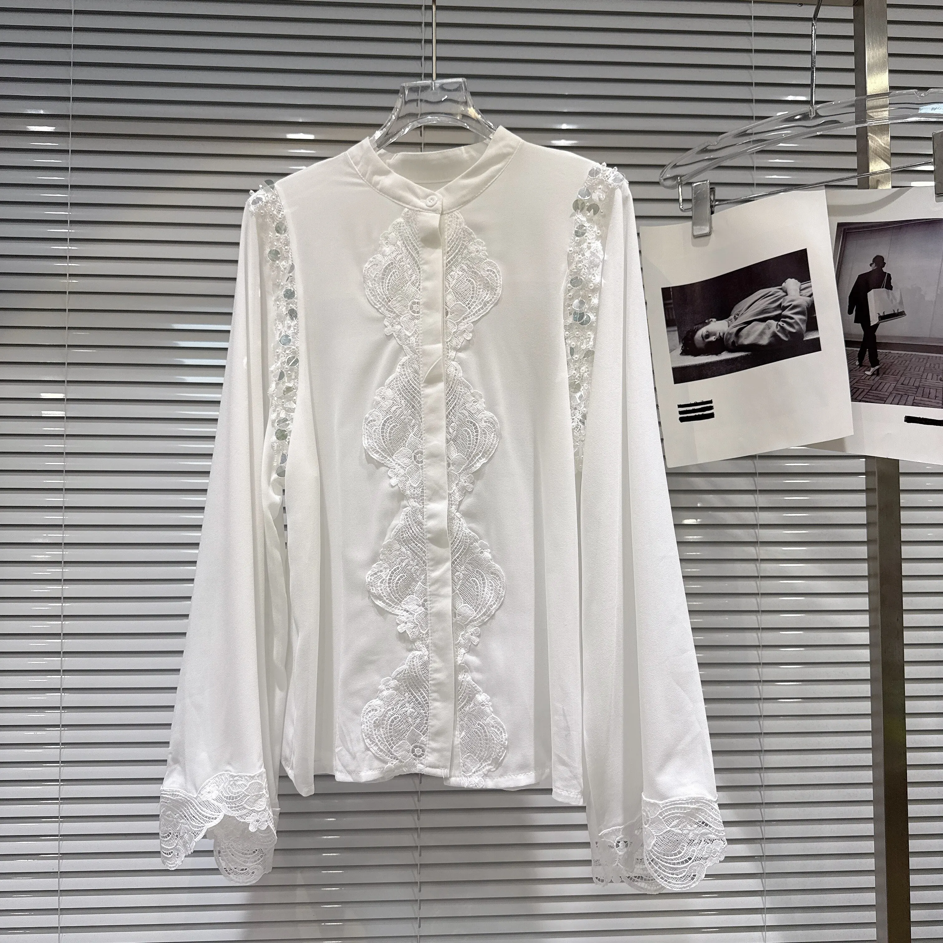 2026 New Autumn Vintage Women Chiffon Shirt Elegant Stand Collar Beading Lace Splicing All-match Long Sleeve Cardigans Top