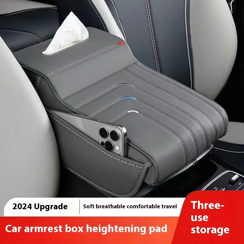 Universal Car Armrest Box Cushion Leather Armrest Pad Portable with Storage Tissue Holder Center Console Antiskid Armrest