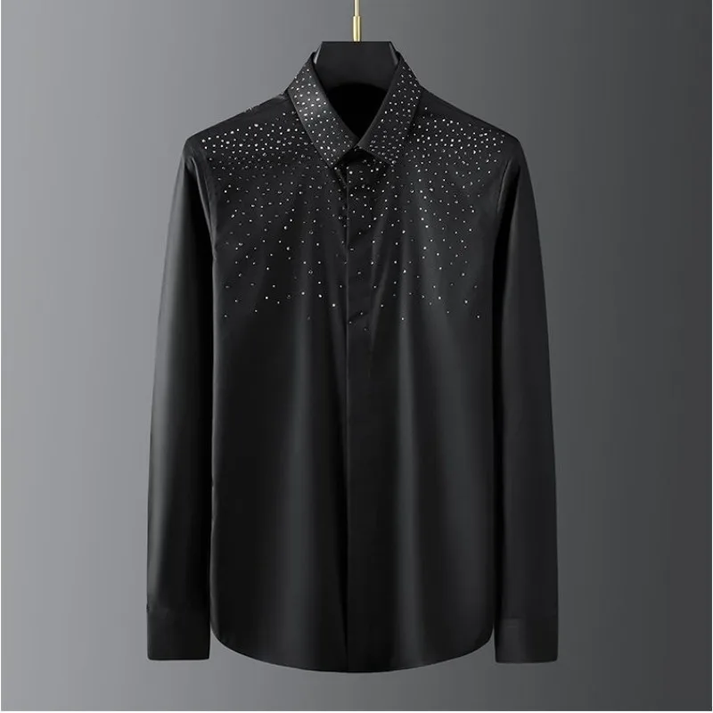 Men's Clothing Spring and Autumn high quality Water Drops Rhinestone Casual Y2K Fashionable Diamond-studded Slim-fit Shirt