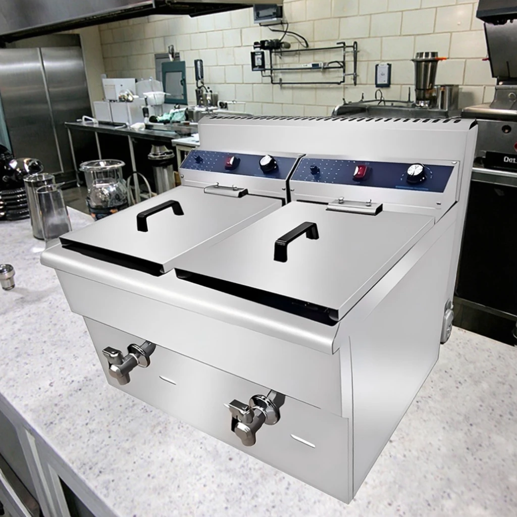 

Counter Top Gas Deep Fryer With Temp Oil Tap Automatic French Fries Big Capacity Frying Machine 20L+20L Tank Fryer With Oil Tap