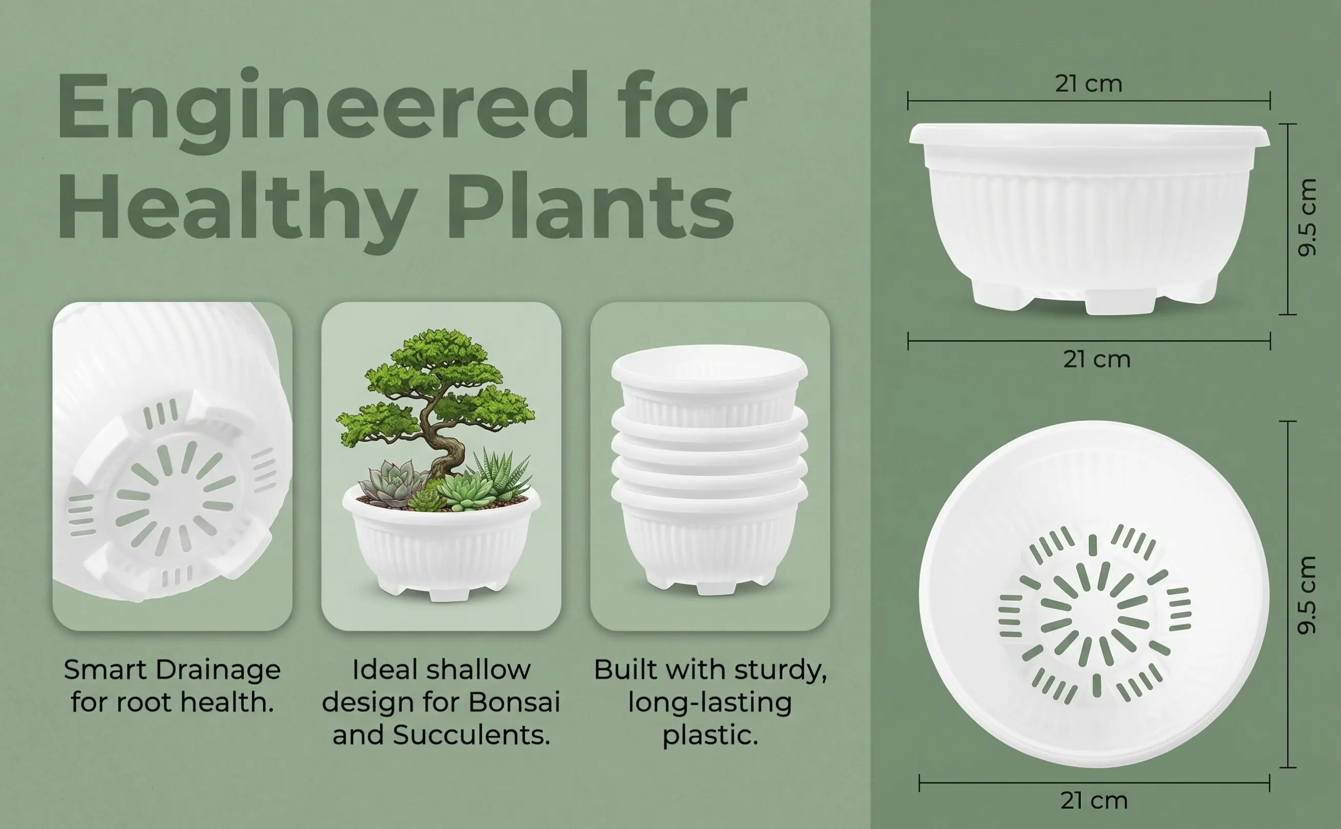5Pcs Garden Planter Plastic Round Large Diameter Shallow Bowl Planter Drain Hole Flower Pot Indoor Outdoor Plastic Bonsai Pot