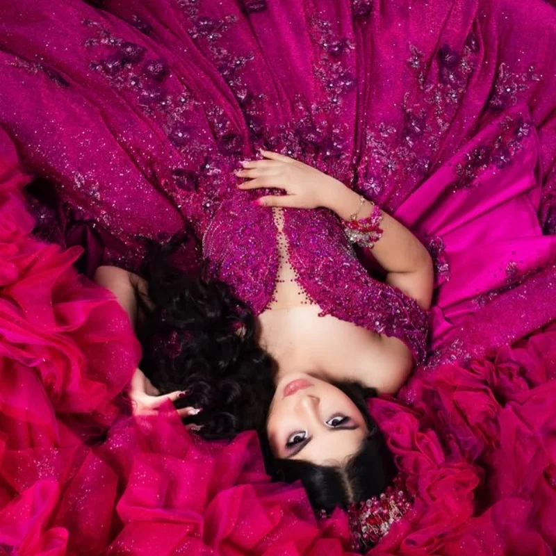 

Shiny Rose Pink Quinceanera Dresses off-shoulder Glitter Decal layering Long tail Big Bow Vestido De 15 Quinceanera Customize