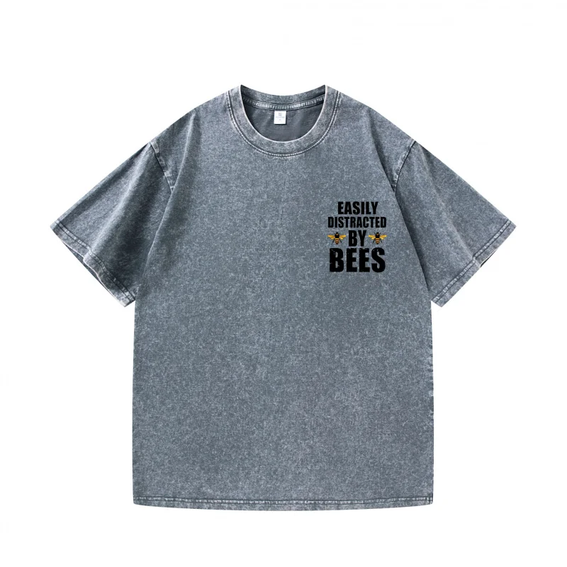 تي شيرت رجالي رمادي يشتت بسهولة بواسطة Bees Graphic Print كاجوال للارتداء اليومي، قمة الموضة الصيفية