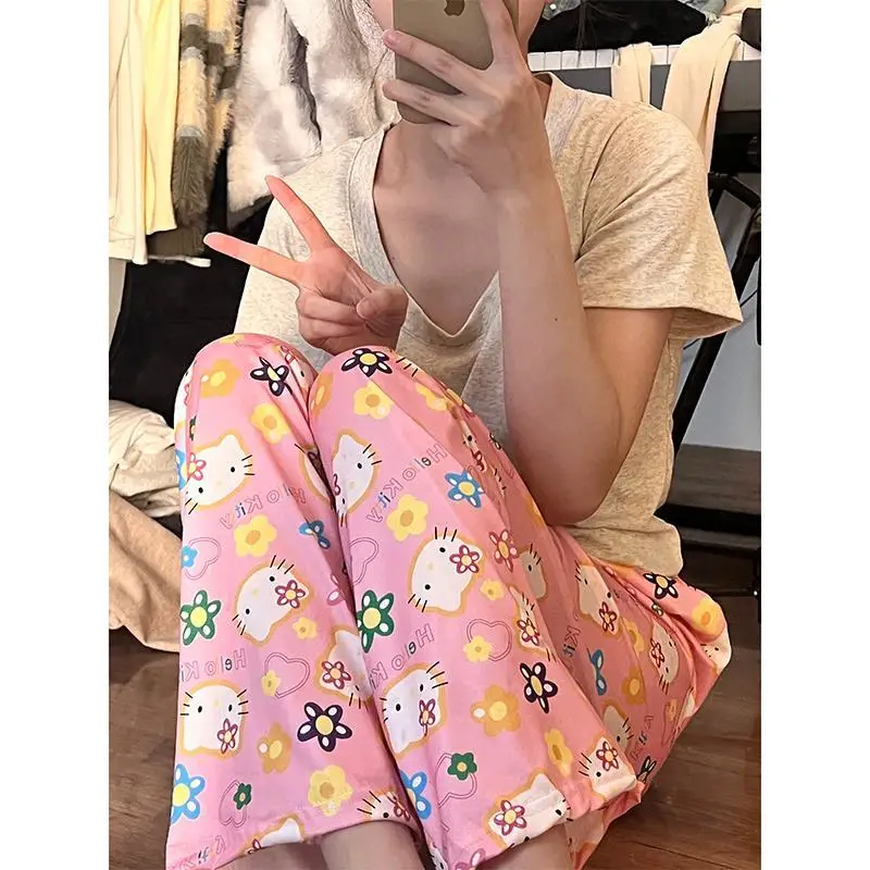 Sanrio Hello Kitty Y2K Kuromi pantaloni del pigiama a vita alta allentati donna Cartoon pantaloni Casual sottili pantaloni moda ragazza stampata regalo