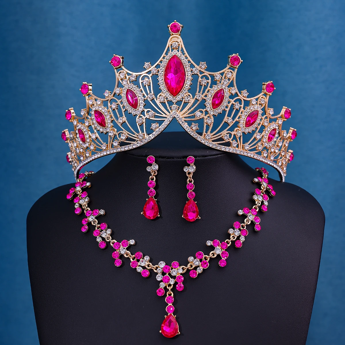 3pcs Rose Red Elegant Princess Feng Shui Diamond Hollow-out Flower and Leaf Pattern Crown Headwear