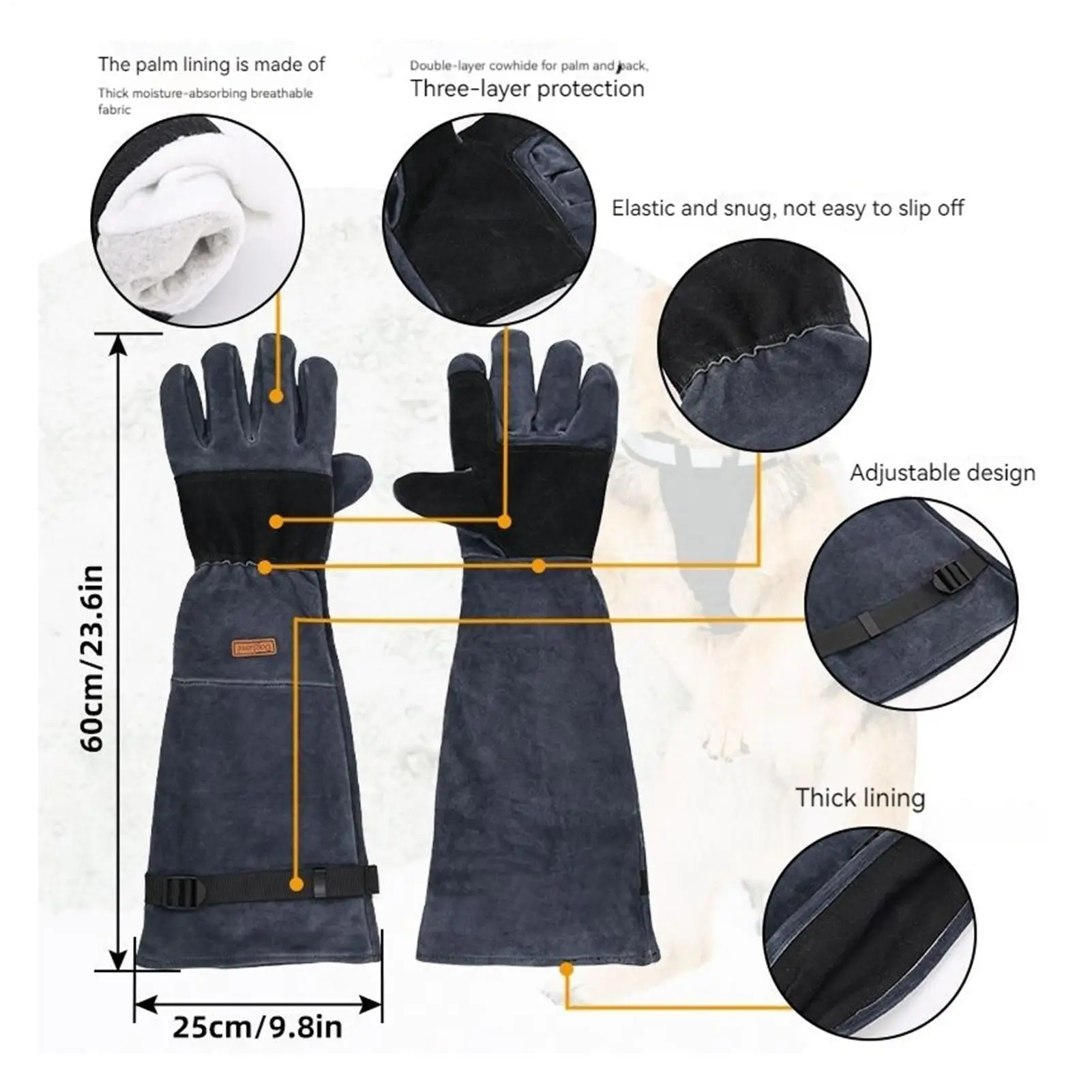 動物取り扱い用手袋 噛みつき防止 23.6インチ 多目的ペットグルーミンググローブ 家畜、鳥、犬の捕獲用保護具