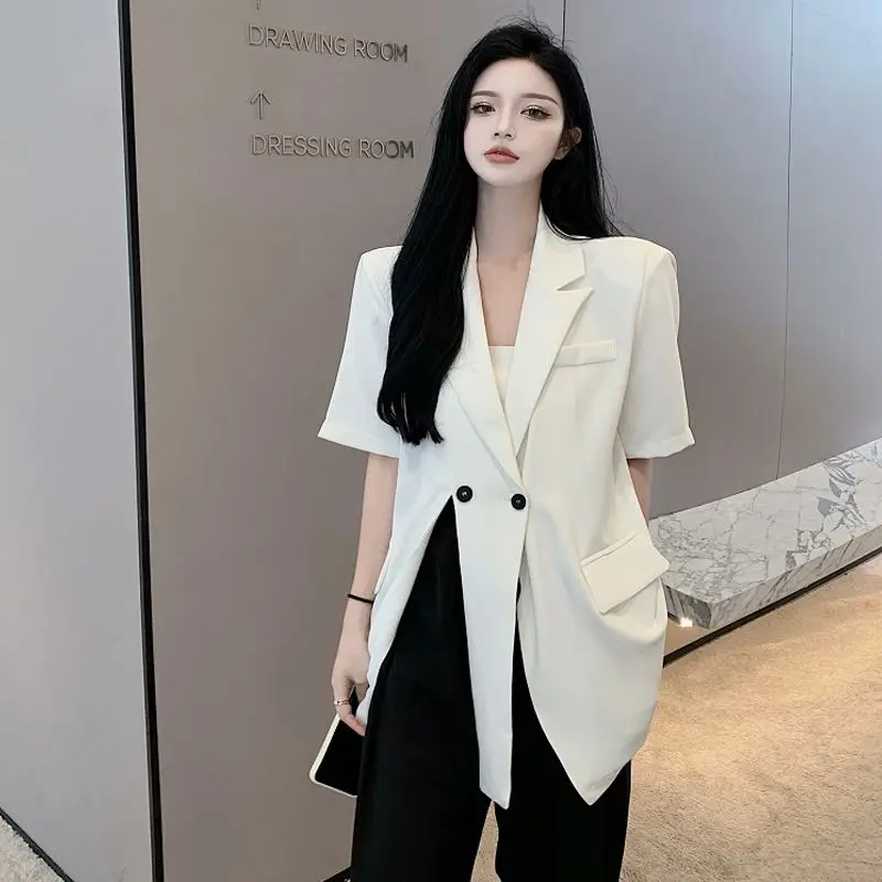Women Solid Short Sleeve Blazer Jacket Vest Loose Fit Casual Summer Split Jacket Irregular Design Solid Coat