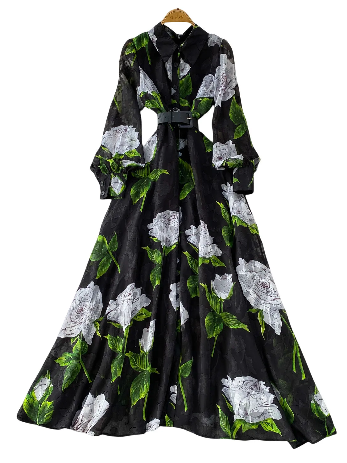 Ele Long Sve Floral Print Dr Women's Spring Autumn Single Button Waist Cinched Maxi Dr Commute Sle High Waist