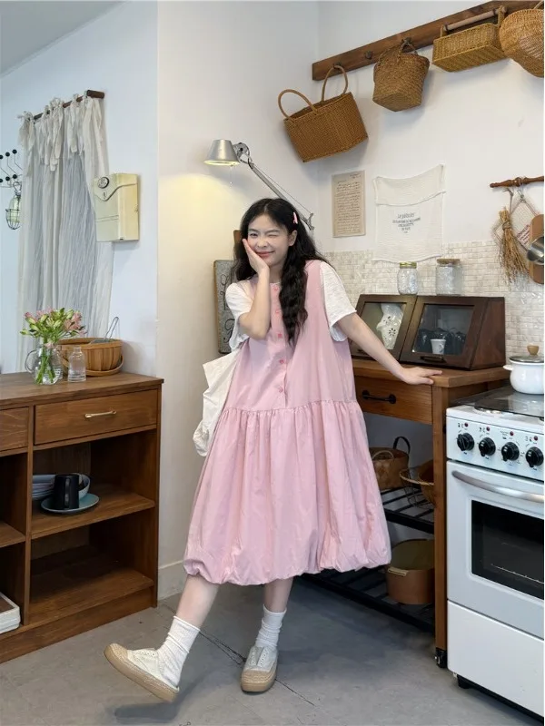 

plus Size Sweet Style Pink round Neck Vest Dress Summer New Loose Slimming Short Sleeve T-Shirt Top Korean Version Casual Fas...