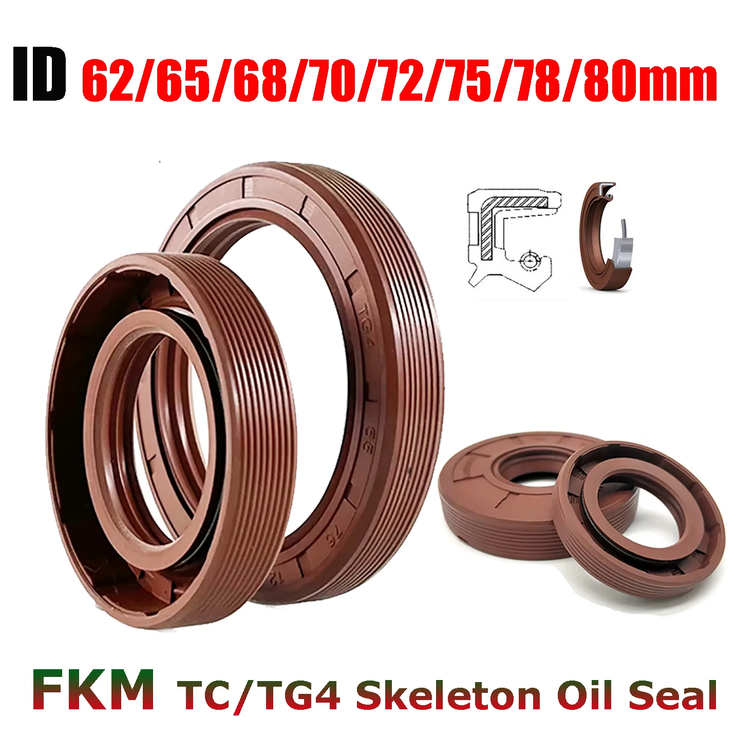 1pcs ID 62/65/68/70/72/75/78/80mm FKM TC/FB/TG4 Skeleton Oil Seal Rings Fluoro Rubber Double Lip Seal Gasket For Rotation Shaft