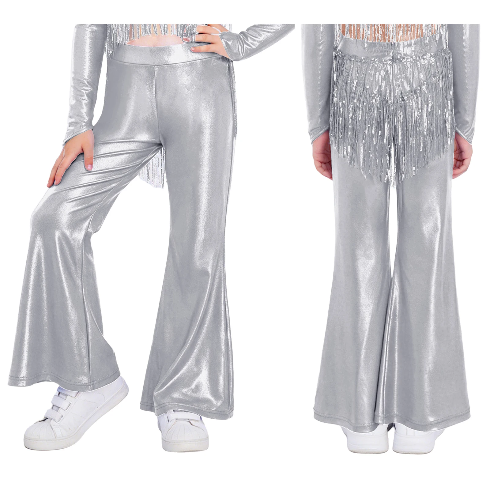 

Kids Girls 70 80s Disco Dance Hippie Pants Elastic Waist Bell Bottoms Flared Pants Latin Ballet Ballroom Performance Costume