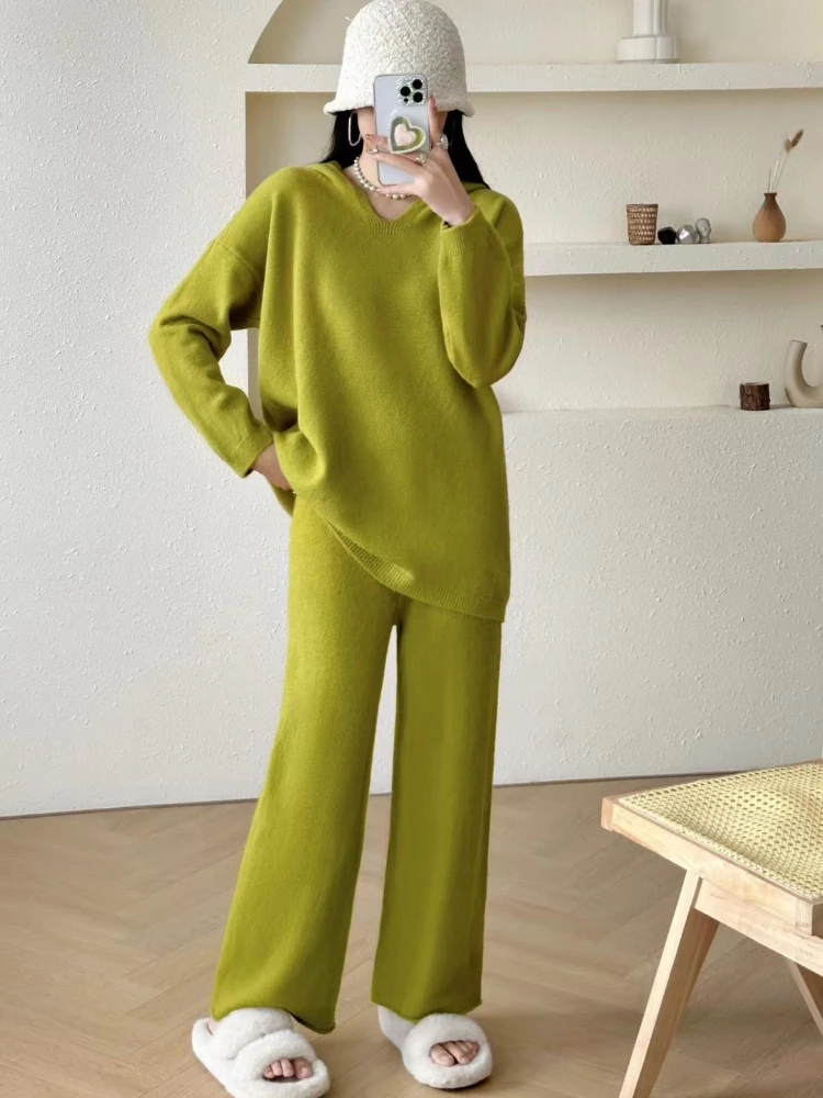 Knit Two Piece Set Solid Casual Hoodie Wide-leg Pants Chic and Elegant Woman Set LOOSE Pink Khaki Autumn V-neck Sweaters Sets