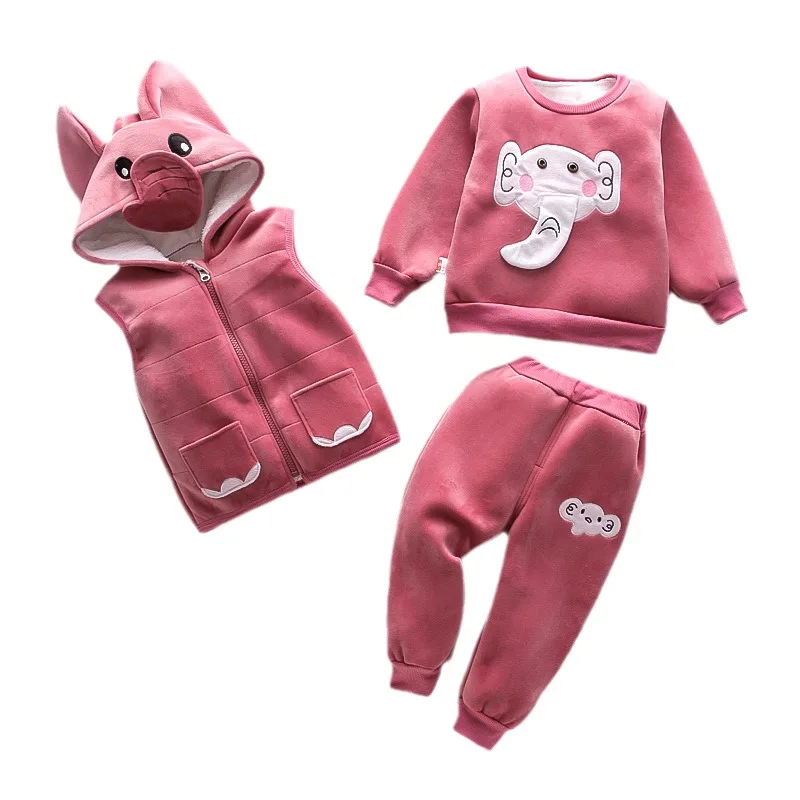 

New Winter Baby Girls Clothes Suit Children Boys Thicken Warm Hooded Vest T-Shirt Pants 3Pcs/Set Toddler Costume Kids Tracksuits