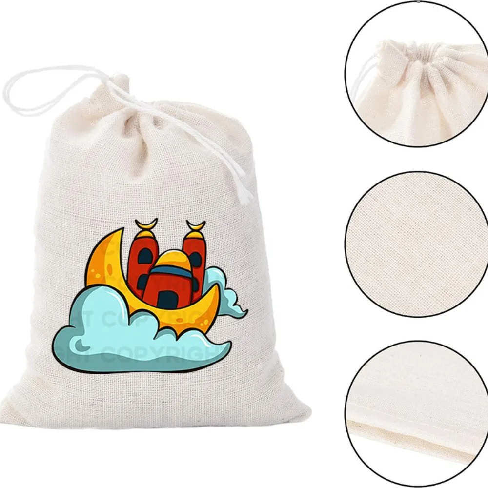 Moon Mosque Pattern Linen Drawstring Bags New Eid Mubarak Islam Eid Pouches Candy Moslem Gift Packaging