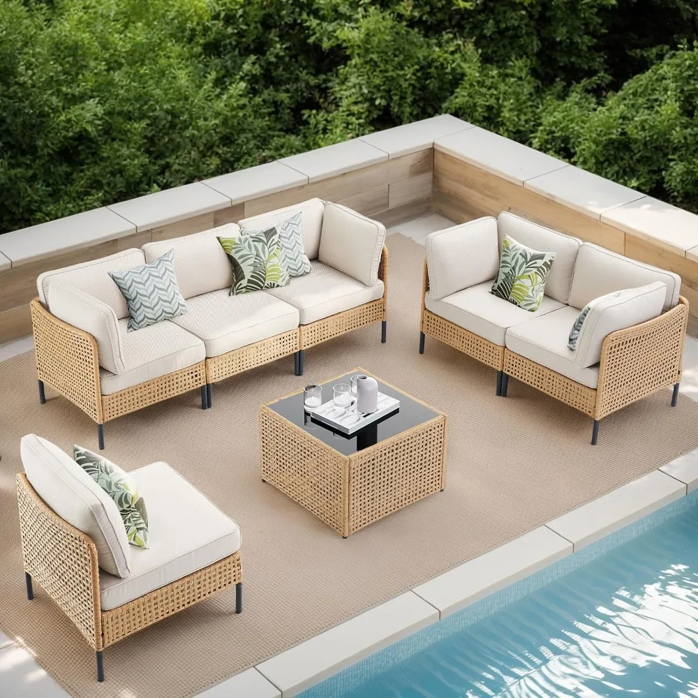 

Outdoor Patio Furniture, 7-Piece Wicker Patio Furniture Set, Boho Patio Conversation Sets Sectional Sofa,Rattan Thick Cushions