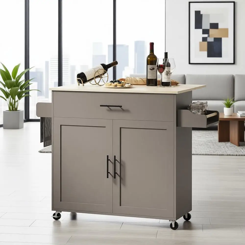 جزيرة مطبخ من الخشب الصلب بقدرة 47 وات مع أوراق شجر متدلية، درج، تخزين، رف توابل ومنشفة، رمادي داكن