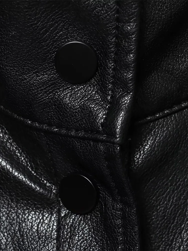 موضة الأسود بولي Leather الجلود Bomber سترة الوقوف طوق زر واحد الجبهة اقتصاص معطف 2025 الخريف الإناث موتو ملابس خارجية غير رسمية