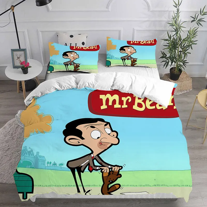 ชุดเครื่องนอนลายการ์ตูน mr.bean ผ้าปูที่นอนปลอกผ้านวมปลอกหมอนปลอกหมอน2-3ชิ้นชุดตกแต่งห้องนอน