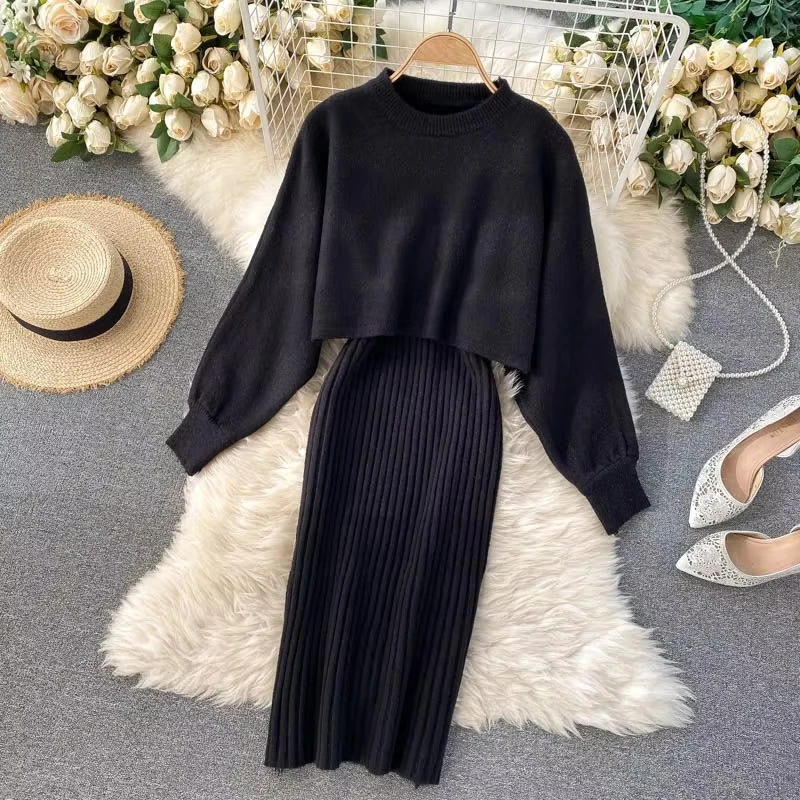 Women Sweater Midi Dress Set Casual Pullovers Suits Autumn Winter O-neck Long Sleeve Knitted Solid Slim Elegance Tops Elastic