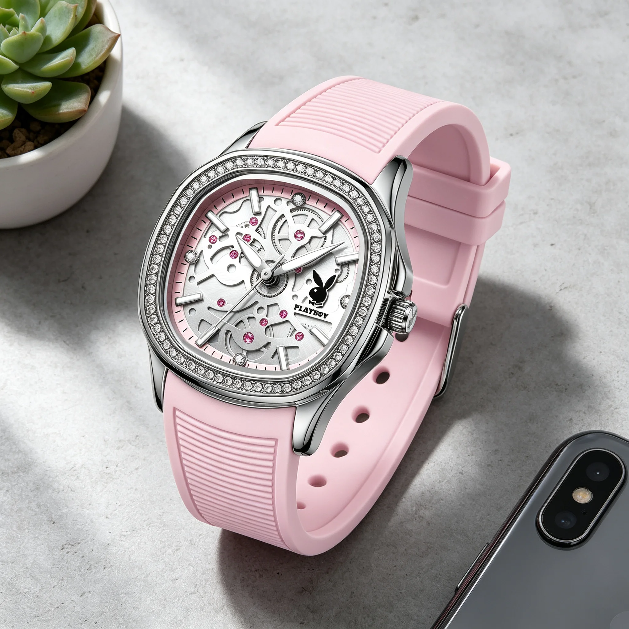 PLAYBOY Woman Quartz Wristwatch Waterproof Luminous Silicone Strap Casual Fashion Square Watches For Woman Original Reloj 3157