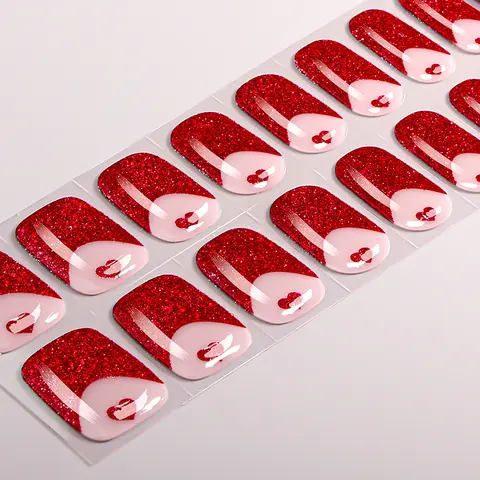 Autocollants pour ongles en Gel français sans UV, 22 pointes, cœur scintillant, à pois, couverture complète, bandes de vernis à ongles, décoration de manucure à faire soi-même