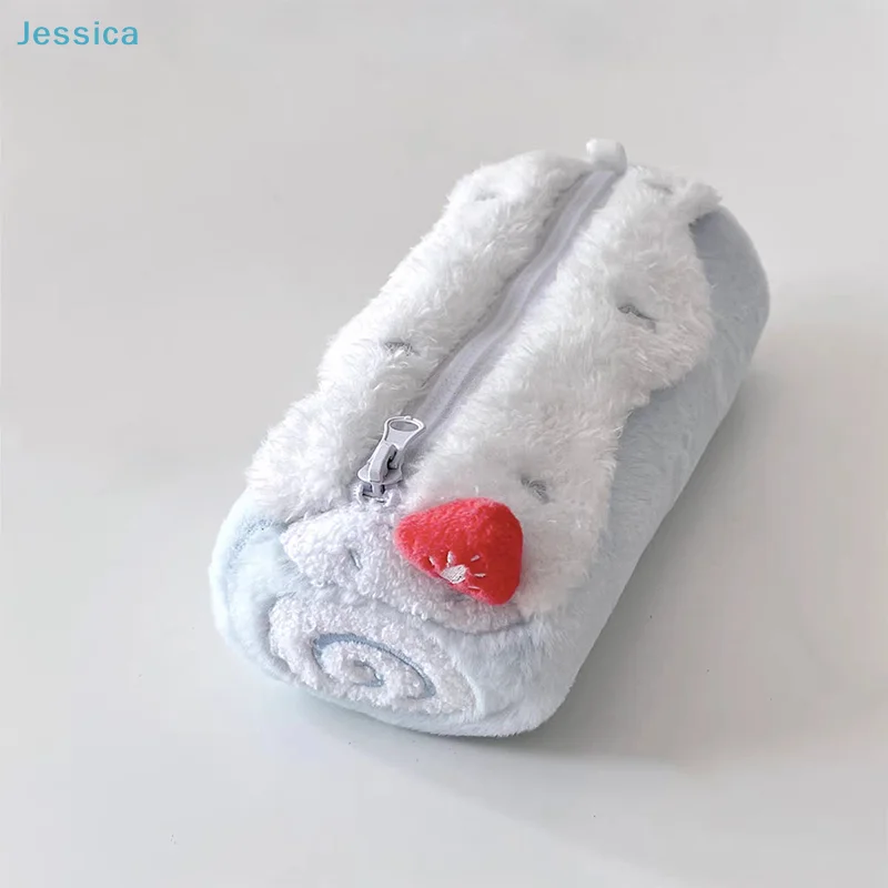 ♥ Swiss Roll Plüsch-Federmäppchen mit Erdbeerdekor – Kawaii-Briefpapier-Organizer mit großem Fassungsvermögen, Geschenk für Schulmädchen