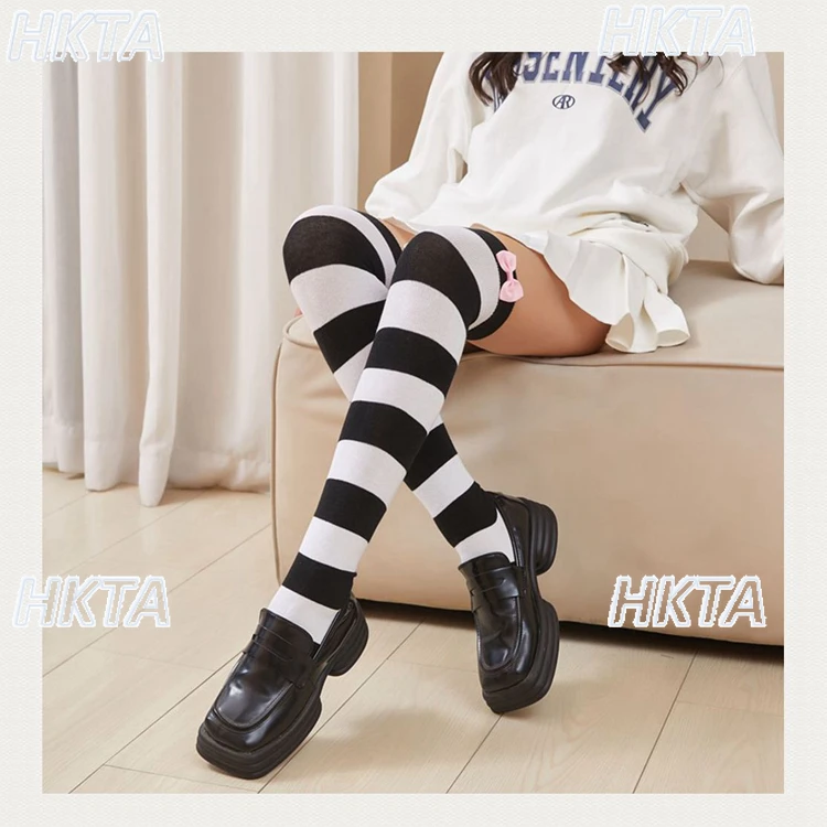 

Japanese Winter New Cotton JK Uniform Stockings Ladies Lolita Bow Wide Stripe Versatile Warm Black White Knee High Socks Women