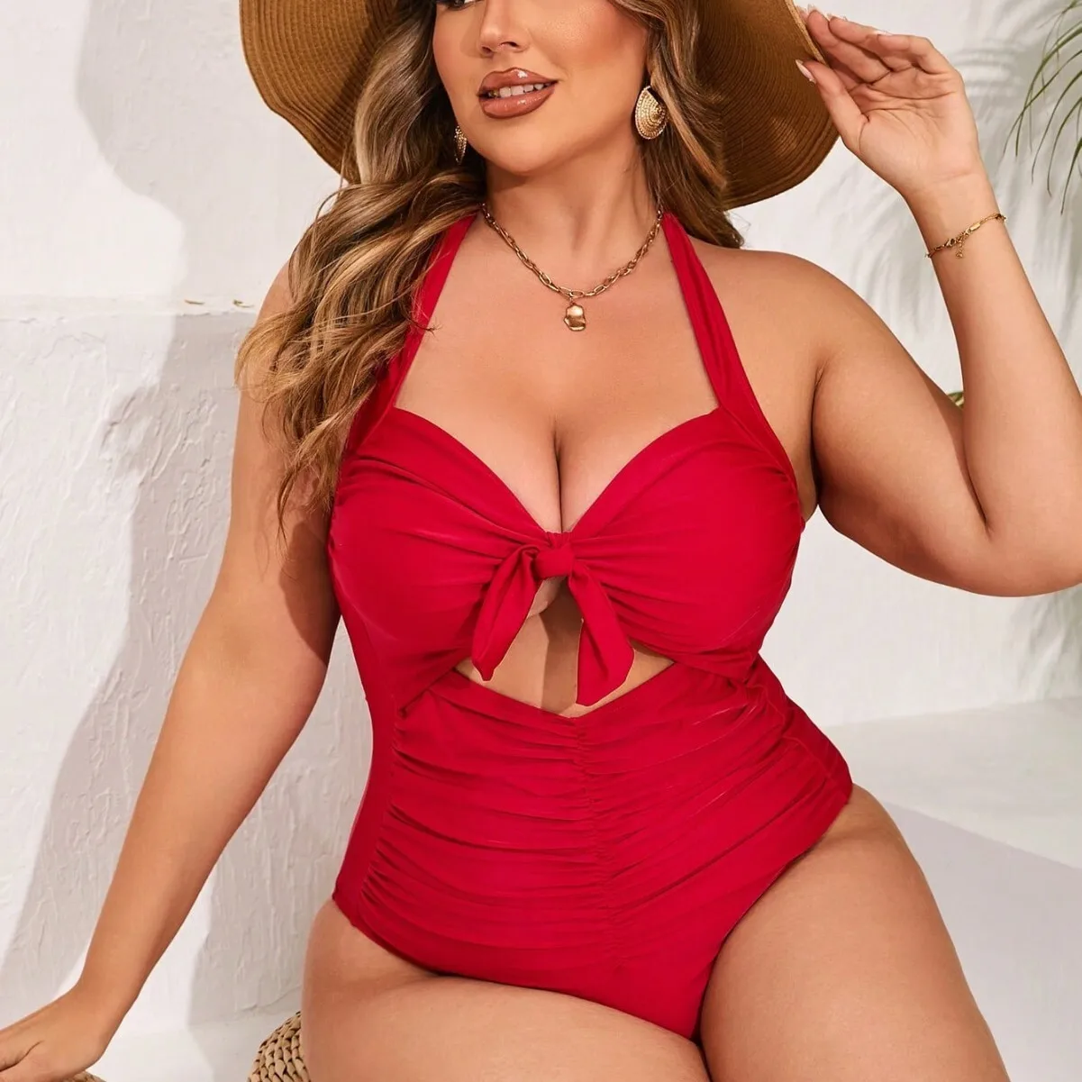 

2026 New Plus Size Sexy Boho Beach Swimsuit Solid Color High Elasticity Swimwear 2026 Party Summer Elegant Casual Y2k Casual Y2K