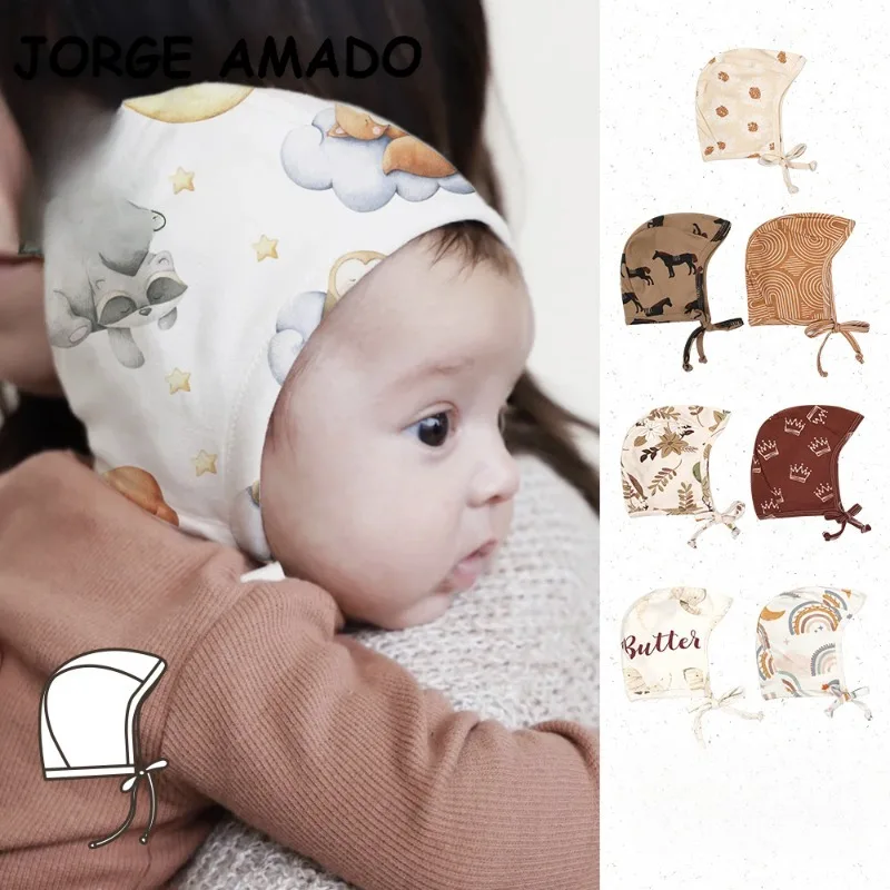 

Baby Girl Boy Cap Sweat Absorbing and Breathable Newborn Autumn and Winter Ear Protection Lace Up Hat Q102
