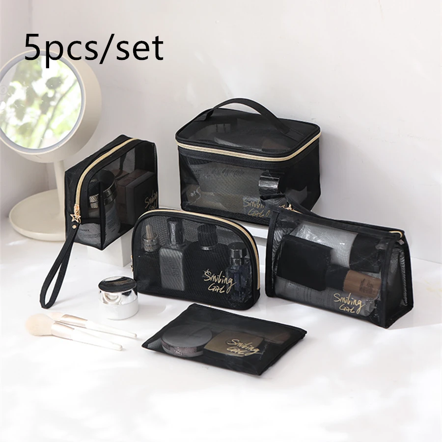5pcs/set Transparent Mesh Makeup Bag Multifunction Portable Women Cosmetic Storage Pouch Ladies Toiletry Lipstick Organizer Bags