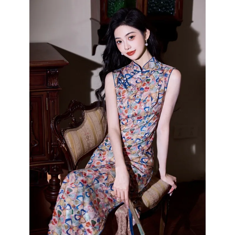 

Retro Old Shanghai Hong Kong Style Sleeveless Qipao Slim Cool Summer Daily Dress