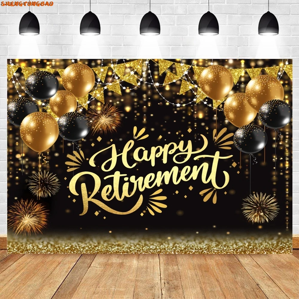 Happy Retirement Party Decoration Backdrop Gold Glitter Balloon Cheers Family Congratulation Photography Background Photo Studio