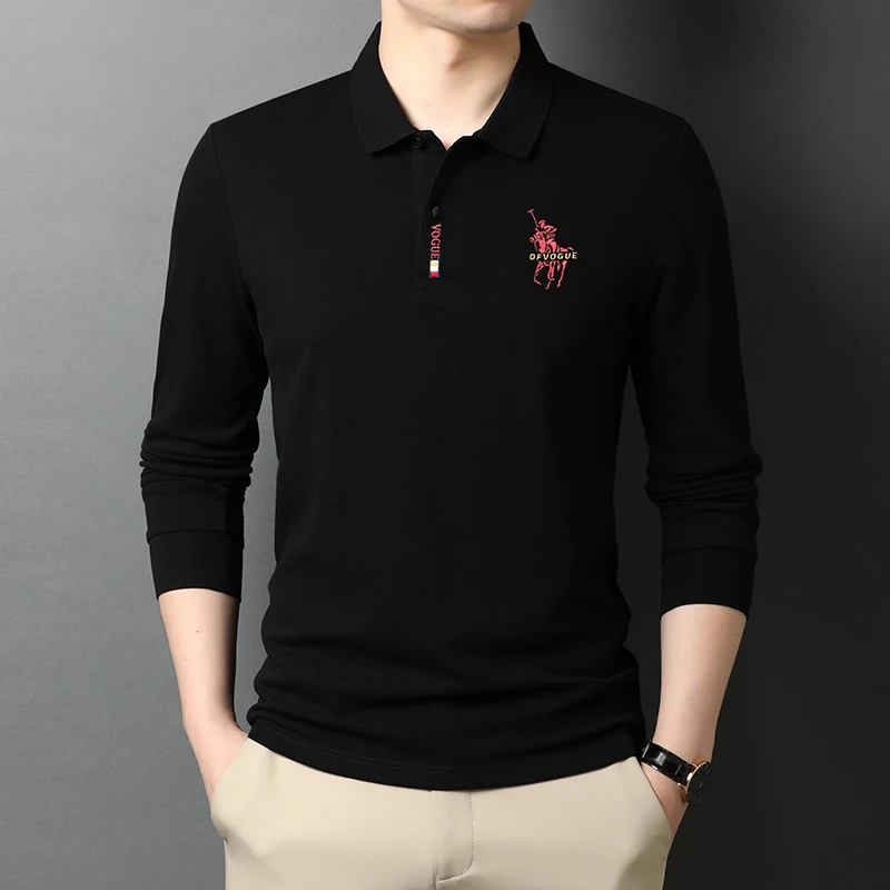 Spring Men's Long Sleeved T-shirt, Pure Cotton Polo Shirt, Men's Lapel, High-end Embroidered Base Shirt, Loose 100% Cotton Top