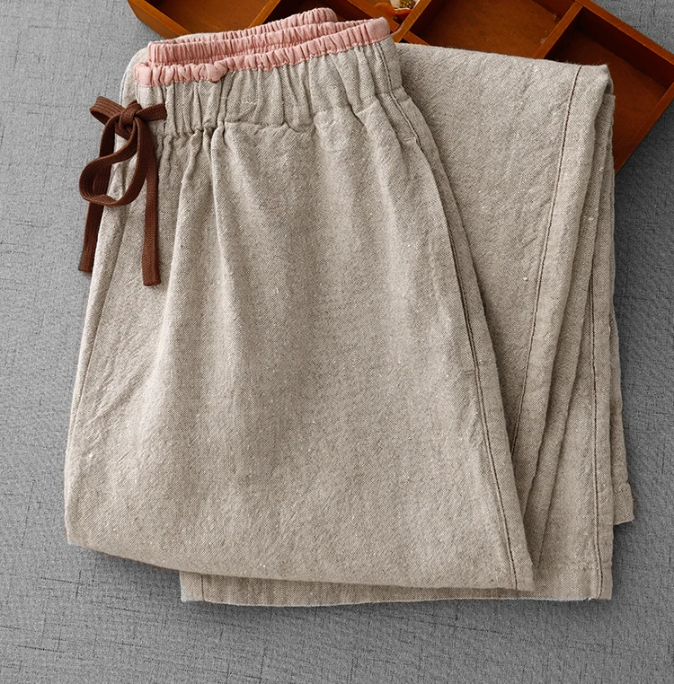 Cotton and Linen Color Blocking High-Waisted Wide-Legged Pants Female Summer New Korean Version of the Loose Temperament Casual